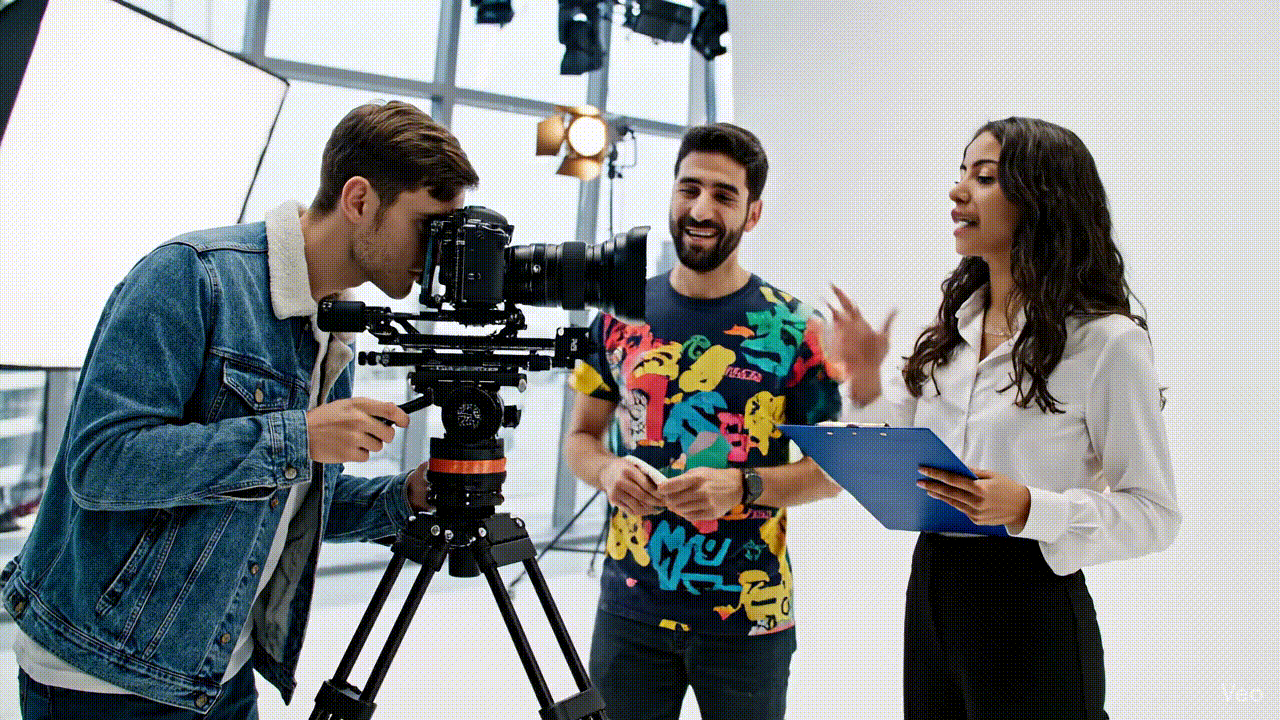 Secuencia de escenas mostrando una jornada típica en una universidad enfocada en creatividad aplicada: estudiantes grabando con cámara profesional, otros diseñando en computadoras, bocetos en papel, interacción con docentes. Estética limpia, luz blanca, ambiente activo y profesional.