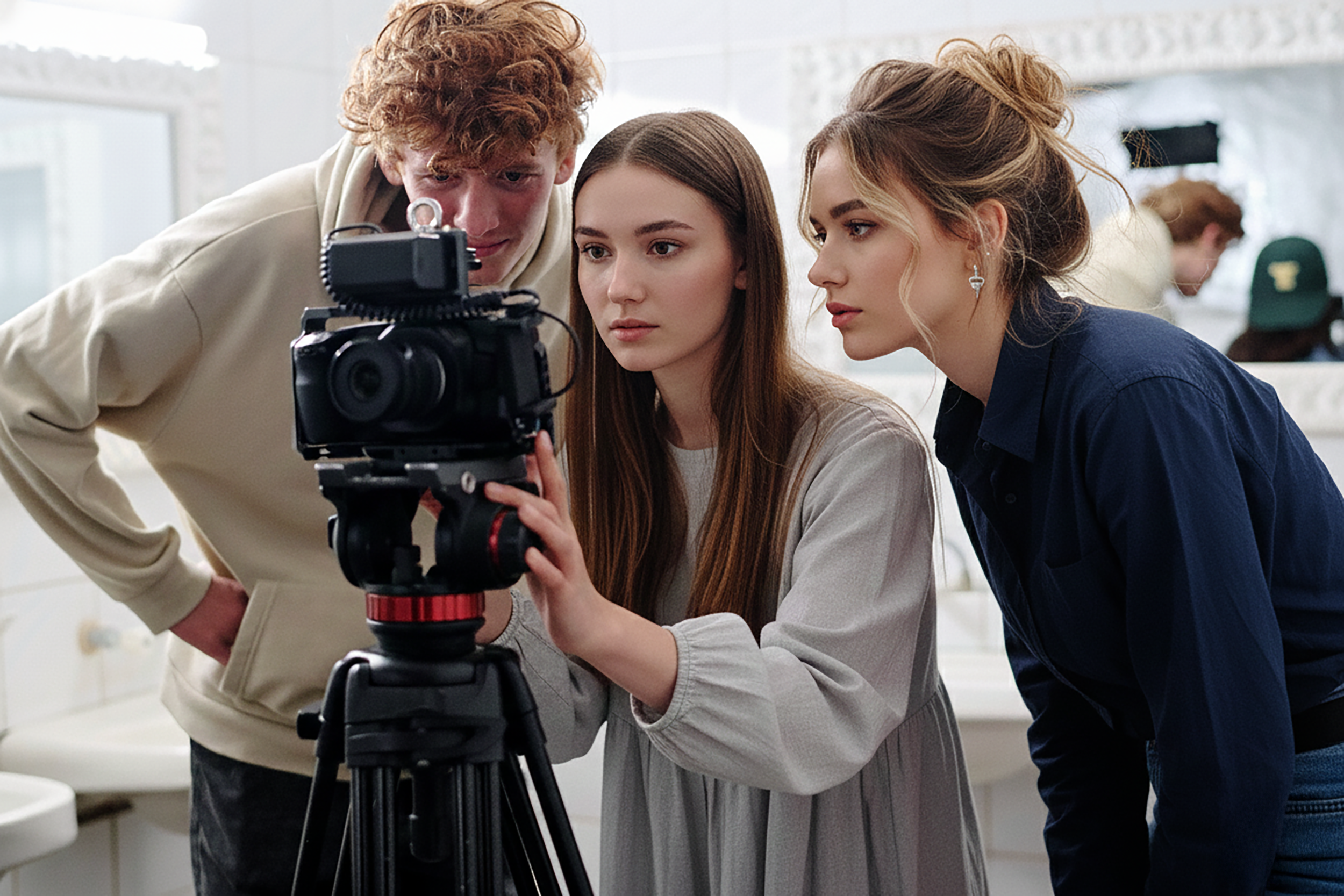 Tres jóvenes estudiantes o aprendices de cine o producción audiovisual— están reunidos frente a una cámara profesional montada en un trípode, observando cuidadosamente la pantalla y los controles del equipo.
En el centro, una chica con cabello largo y lacio, vestida con un vestido gris claro, ajusta o revisa la cámara con concentración. A su derecha, otra joven con el cabello recogido en un moño suelto y vestida con una camisa azul marino se inclina hacia adelante para observar de cerca la pantalla, mostrando interés y enfoque. A la izquierda, un joven de cabello rizado y rojizo, vestido con una sudadera beige, mira por encima del equipo, manteniendo una expresión curiosa y atenta.
El entorno parece ser una sala amplia y luminosa con paredes blancas y espejos decorados, lo que sugiere que podría tratarse de un estudio improvisado o un espacio académico donde se practica producción audiovisual. Se observan otros estudiantes en segundo plano, ligeramente desenfocados.
La escena transmite colaboración, aprendizaje y trabajo en equipo, con una atmósfera de práctica técnica y creatividad.