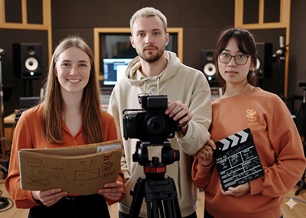 En un estudio de grabación o producción audiovisual, tres jóvenes —aparentemente estudiantes o creadores de cine— posan frente a una cámara profesional montada en un trípode. Están de pie uno al lado del otro, mirando hacia el frente con expresiones relajadas y seguras.
A la izquierda, una joven con camisa naranja y cabello castaño lacio sostiene en sus manos un cuaderno o storyboard lleno de diagramas, bocetos y notas. En el centro, un joven con barba corta y sudadera beige mantiene una mano sobre la cámara, como si estuviera ajustándola o preparándola para grabar. A la derecha, una joven con gafas y sudadera color durazno sostiene una claqueta de cine, lista para marcar una escena.
El fondo muestra equipos de audio, monitores de estudio, paneles acústicos y mesas de trabajo, reforzando el ambiente profesional y creativo del espacio. La iluminación es cálida, dando una sensación de producción activa y organizada.
La escena transmite colaboración, producción cinematográfica y trabajo en equipo dentro de un entorno moderno y especializado.
