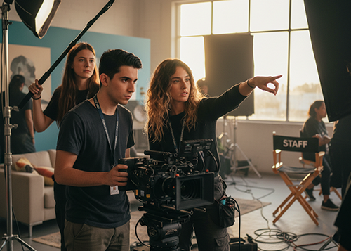 Tres estudiantes caucásicos de cinematografía de Monterrey, México, colaboran en un set de filmación. Un hombre caucásico de 18 años con cabello negro opera una cámara profesional. Una mujer rubia de 20 años con cabello ondulado lo dirige, mientras que una mujer caucásica de 17 años con cabello liso y castaño sostiene un boom, mostrando trabajo en equipo en la producción de cine.