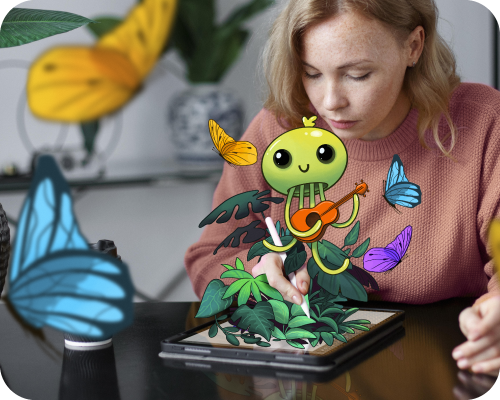 Joven artista digital creando una ilustración animada en una tableta, con elementos en 3D como hojas y mariposas saliendo de la pantalla.