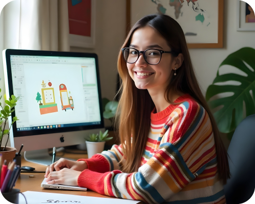 Diseñadora gráfica sonriente trabajando en un proyecto ilustrativo digital desde su computadora en un espacio creativo y acogedor. Sabiendo que tiene un programa de financiamiento y por eso puede estudiar la carrera que ella elige.