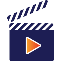 Ícono de claqueta de cine con símbolo de play, representando producción de contenido o multimedia