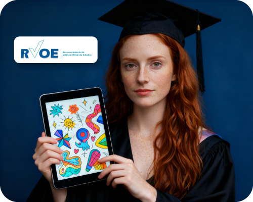 Una mujer caucásica, de 20 años, pelirroja, vestida con toga de graduación, sostiene un iPad con diseños creativos y coloridos, sobre un fondo azul oscuro.